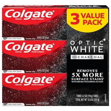 Imagem de Colgate Pasta de dente branqueadora Optic White com carvão, sabor menta fresca, remove manchas superficiais com segurança, seguro para esmalte para uso diário, pasta de dentes para clareamento dental com flúor, pacote com 3, tubo de 120 ml