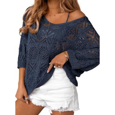 Imagem de Dokotoo Suéter feminino 2024 primavera verão crochê vazado manga 3/4 suéter ombro fora camisetas, Azul marinho, XX-Large
