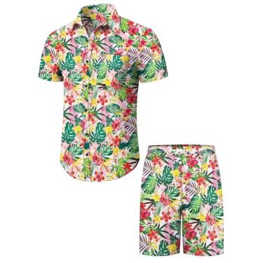Imagem de Runcati Conjunto masculino havaiano de manga curta, 2 peças, casual, com botões, estampa floral, camisa de praia e shorts, rosa, GG
