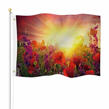 Imagem de Yekiua Bandeira de campo de papoulas vermelhas 3X5 flores florais de verão desabrochando luz do sol nascer do sol outono verão primavera UV resistente ao desbotamento cor vívida - Cabeçalho de lona bandeira de costura dupla com ilhós de latão