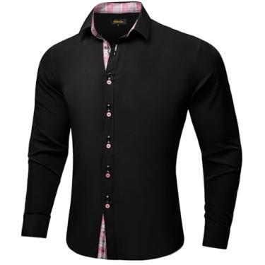 Imagem de DiBanGu Camisa social masculina de manga comprida, ajuste regular, botões com alfinete de gola, cor contrastante interna, Xadrez preto roxo, GG