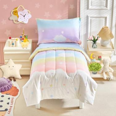 Imagem de Joyreap Jogo de cama infantil de algodão com 4 peças - adorável design colorido de arco-íris, conjunto de edredom infantil para meninas, inclui edredom acolchoado, lençol de cima, lençol de cima e