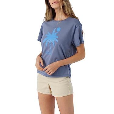 Imagem de Hang Ten Camiseta feminina com logotipo gráfico - Camisetas estampadas casuais confortáveis para mulheres - Camiseta de manga curta estampada em tela, Blue Horizon | Camiseta Palm Sunset Ss, XG