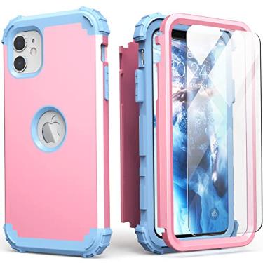 Imagem de IDweel Capa para iPhone 11 com protetor de tela (vidro temperado), híbrida, 3 em 1, à prova de choque, ajuste fino, proteção resistente, capa de policarbonato rígido de silicone macio, capa de corpo inteiro, rosa/azul claro