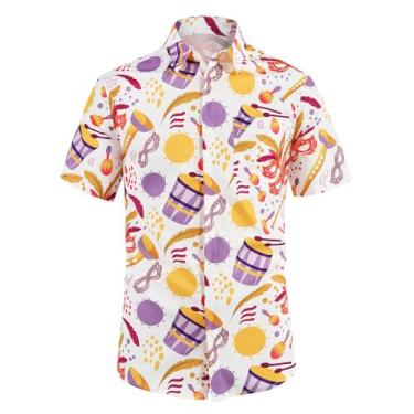 Imagem de yolsun Camisa masculina de Mardi Gras, manga curta, casual, abotoada, festa havaiana na praia, Roxo/laranja, G