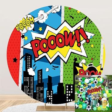 Imagem de TTQYFNM Capa de fundo redonda de super-herói de 2,1 x 2,1 m, paisagem urbana, arranha-céus, desenho animado círculo, fotografia para chá de bebê recém-nascido, decoração de festa de aniversário, faixa