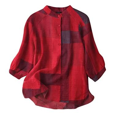 Imagem de Camisas femininas de linho com estampa de patchwork, manga 3/4, túnica com manga 3/4, folgada, trabalho, Vermelho, M