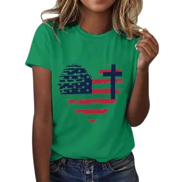 Imagem de Camiseta feminina Independence Day bandeira americana coração cruz camiseta patriótica verão gola redonda túnica manga curta, Verde, XXG