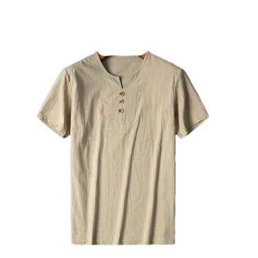 Imagem de Blusa masculina casual de algodão e linho camiseta solta manga curta primavera verão casual camisas masculinas, Blusa cáqui masculina, GG