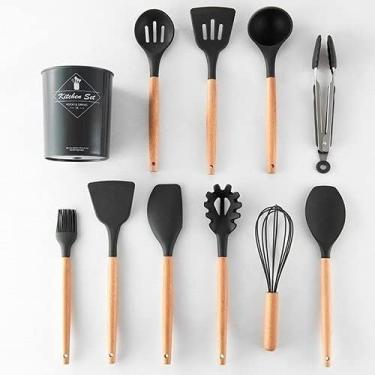 Imagem de Kit 12 Utensílios Silicone e Cabo Madeira: Elegância e Praticidade para uma Cozinha Completa