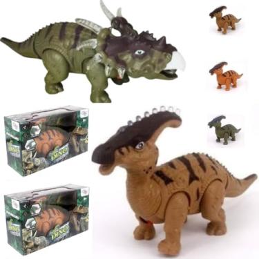Imagem de KIT 2 DINOSSAUROS INFANTIL COM TRICERATOPS + PAPASSAURO Com Som Luz Movimento BRINQUEDO Anda RUGE DINO LUZES JURASSICO REX CRIANÇA ESTIMULA CRIATIVIDADE 26CM (VERDE)