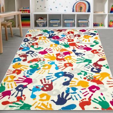 Imagem de STARUIA Tapete infantil grande colorido de 1,8 x 2,5 m, antiderrapante lavável para sala de aula, impressões de mãos e pegadas, tapetes para sala de jogos, tapete de berçário macio para quarto de