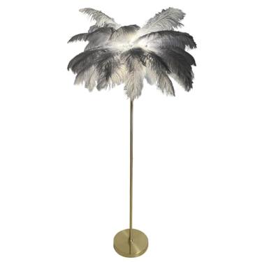 Imagem de Luminária de chão de penas de avestruz natural 45 peças lâmpadas de cabeceira com interruptor de pé regulável moderno dourado lâmpadas LED decoração iluminação para quartos sala de estar 160 cm