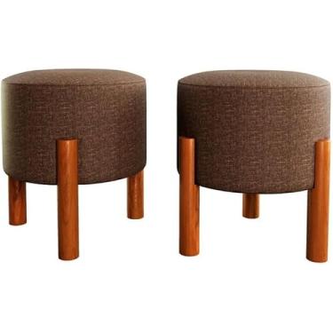 Imagem de Kit 2 Puff Redondo Luxo Decorativo Charme com Pés de madeira Linho Marrom
