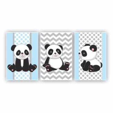 Imagem de Kit Placas Quadros 3 Pçs 20X30 Infantil Panda Azul - X4adesivos