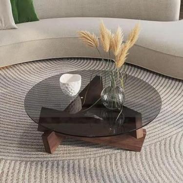 Imagem de Mesa de centro de vidro triangular mesa de centro moderna de vidro com pernas de madeira maciça, casa de fazenda, mesa central de meados do século para sala de estar e pátio (marrom)