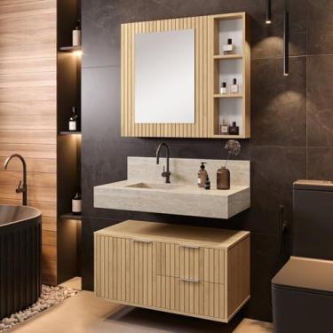 Imagem de Conjunto Para Banheiro Bancada Em Porcelanato Com Cuba Esculpida, Armário e Espelheira Ripy 80cm Wood