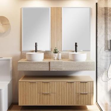 Imagem de Conjunto Para Banheiro Bancada Em Porcelanato Com Cuba De Apoio, Armário e Espelho Ripy 120cm Wood/Travertino