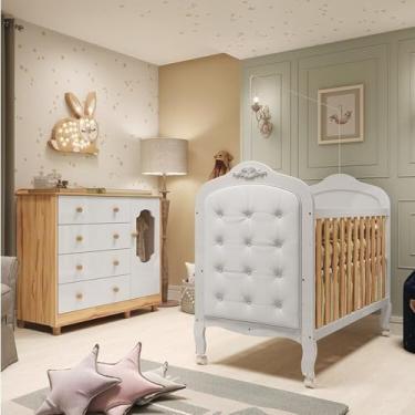 Imagem de Quarto de Bebê Berço com Capitonê e Cômoda 4 Gavetas 100% Mdf Maya Provençal Espresso Móveis Branco Brilho/Amêndoa/Branco