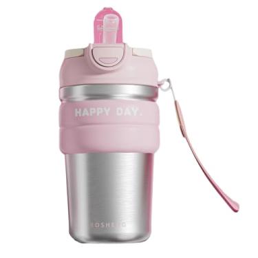 Imagem de Copo de café de aço inoxidável de 450 ml com canudo e tampa, caneca de viagem isolada para escritório e exterior, frasco de vácuo 316 à prova de vazamento, quente e frio, sem BPA, design