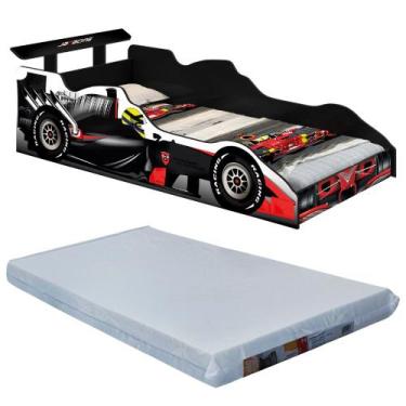 Imagem de Cama Carro Infantil + Colchão Formula 1 Preto 100% MDF J&A Móveis