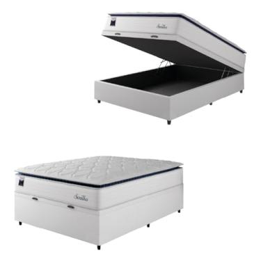 Imagem de Cama Box Baú Casal Colchão Molas Ensacadas Com Pillow Sevilha 138x188x74cm Branco/Cinza Hellen – Suporta Até 150 Kg Por Pessoa