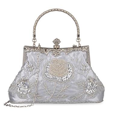 Imagem de KISSCHIC Bolsa feminina vintage rosa bordada com lantejoulas e lantejoulas bolsa clutch para festa de casamento, Prata, Large