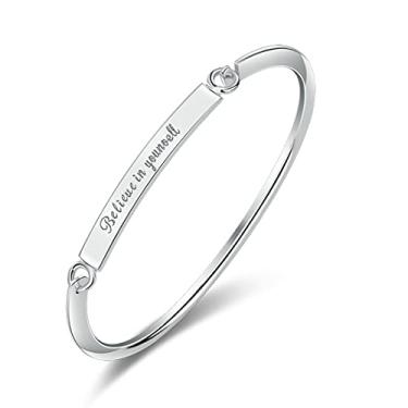 Imagem de Rockyu Pulseira feminina prata titânio gravado "Believe in Yourself" coração pulseira casamento ano novo presente popular aço inoxidável