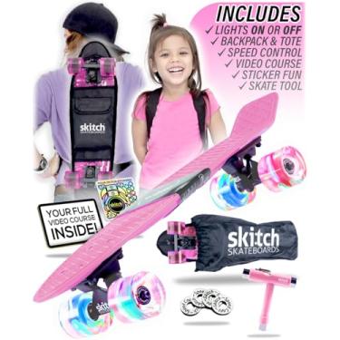 Imagem de SKITCH Skates completos para crianças de 6 a 12 anos | Conjunto completo de presente de skate para iniciantes 56 cm Mini Cruiser Board + mochila de skate + controle de velocidade + ferramenta de skate