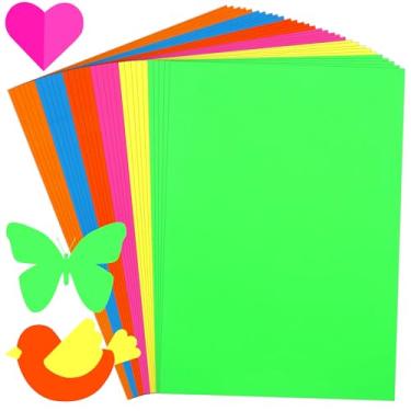 Imagem de Cinvo Pacote com 30 folhas de papel neon colorido cartolina fluorescente brilhante A4 papel colorido dupla face refletivo para cartazes, decoração de festa, artesanato DIY (250 g/m2, 6 cores)