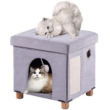 Imagem de BRIAN & DANY Cama de gato dobrável para gatos em ambientes internos, cama grande coberta de veludo para gatos com arranhador de gato e bola de gato - cinza