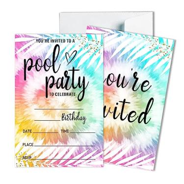 Imagem de Convites de aniversário para festa na piscina, tie-dye, feminino, convites de festa na piscina, verão, piscina, convites para meninas, adolescentes, artigos de festa de aniversário - 20 convites com