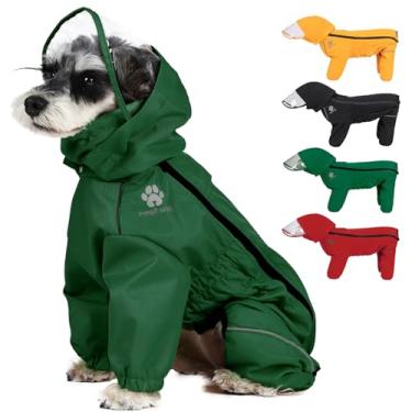 Imagem de PINA Capa de chuva para cães, impermeável com capuz, jaqueta leve para cães com orifício para trela, poncho para cachorro com alça refletiva e bolso para clima úmido, design completo para proteção