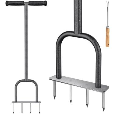 Imagem de Dolibest Aerador manual de 4 pontas com pontas de aço inoxidável, alça antiderrapante, 93 cm, aço preto, arejador, aerador de gramado