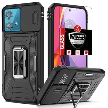 Imagem de FRLMOOES Capa para Motorola Moto G84 com 2 protetores de tela, capa de câmera deslizante integrada + anel de suporte de 360° para capa de telefone G84 à prova de choque, antiarranhões, proteção