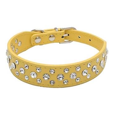 Imagem de Coleiras de couro com strass personalizadas de 25,4 cm a 60,96 cm para animais de estimação e gatos para raças pequenas e médias amarelas GG Dogs Kingdom