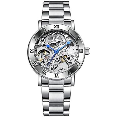 Imagem de Relógio de pulso feminino automático Steampunk com corda mecânica prata pulseira feminina esqueleto relógio de pulso, Prata
