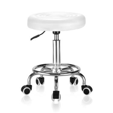 Imagem de Banco redondo de rodagem: altura ajustável, giro suave de 360°, banco com rodas e apoio para os pés, couro PU, cadeira compacta para massagem, tatuagem, banco de salão, capacidade de peso de 136 kg