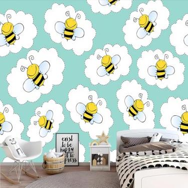 Imagem de Lcythiazole Papel de parede personalizável de desenho animado de abelha de desenho animado papel de parede de nuvem branca fundo verde papel de parede boho para sala de estar, quarto, quarto de