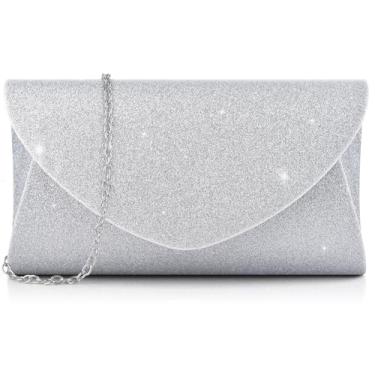 Imagem de PACETAP Bolsas clutch para mulheres, elegante bolsa de noite de camurça para mulheres, festa de casamento, coquetel, jantar, Glitter prata