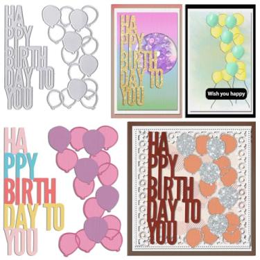 Imagem de Estivaux Balões de aniversário para fazer cartões, letras de feliz aniversário, matrizes de corte, matrizes de celebração, estêncil, molde de gravação para álbuns, faça você mesmo, álbuns, materiais