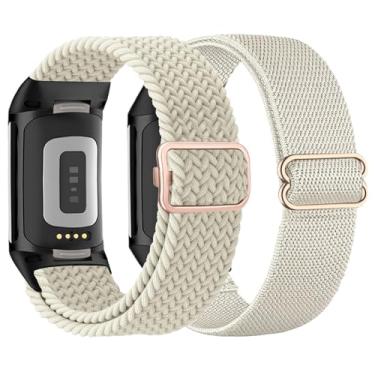 Imagem de TUCOMO Pacote com 2 pulseiras de nylon trançado elástico compatível com Fitbit Charge 6/Charge 5 para mulheres e homens, pulseiras esportivas de substituição para relógio Fitbit Charge 5/6