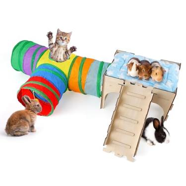 Imagem de HIIMALEX Castelo e túnel e cama caixa de presente 3 em 1 coelhinho: esconderijo de coelho de madeira extra grande com rampa, túnel de colisão e cama macia para coelho porquinho-da-índia, furão, gerbil