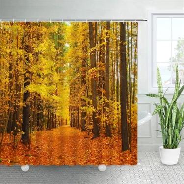 Imagem de Cortina de chuveiro com paisagem florestal, árvores de bordo, plantas de estrada, folhas caídas, cenário rural, decoração de banheiro, cortinas penduradas na parede, 5585AG, 180 x 200 cm, 70