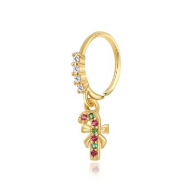 Imagem de Niaspi Anéis de nariz pendentes com tema natalino de 20 g para mulheres banhado a ouro 14 K zircônia cúbica árvore de Natal chapéu de árvore de Natal luvas de floco de neve argola argolas de nariz