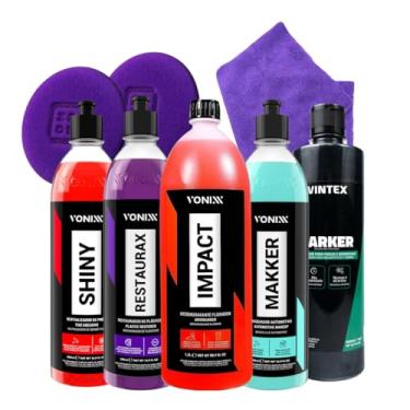 Imagem de Vonixx Kit Automotivo 7 Peças, Makker 500ml, Shiny 500ml, Restaurax 500ml, Impact 1,5L, Vintex Darker 500ml, com Pano e Aplicadores