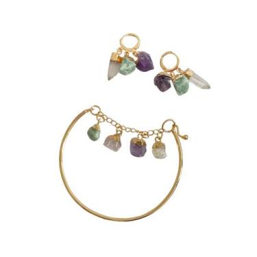 Imagem de Conjunto Bracelete E Brinco De Argola Com 3 Cristais Naturais Dourado 