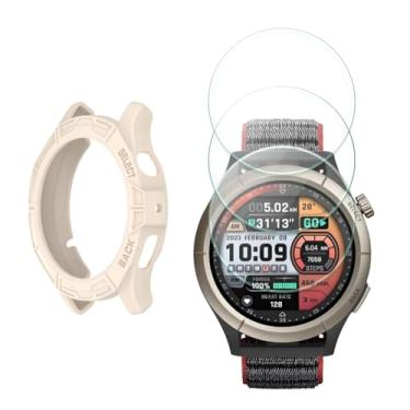 Imagem de HUADU Protetor de tela de relógio (3 + 1 pacote) compatível com Amazfit Cheetah Round/Cheetah Pro, filme de vidro temperado anti-riscos de alta definição cobertura total e capa protetora de TPU macio