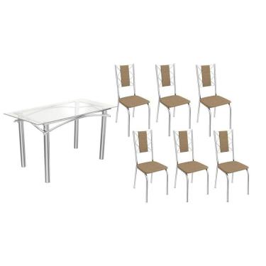 Imagem de Kit 6 Cadeiras Sala Jantar Elba c/ Tampo de Vidro 150cm e 6 Cadeiras Lisboa Cromada - Courano Capuccino - Kappesberg