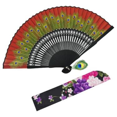 Imagem de EOSAU Ventoinha dobrável de pavão, leques de mão de seda de bambu para mulheres, dobrável, estilo chinês/japonês para dançar, festa de casamento, presente de igreja (vermelho)